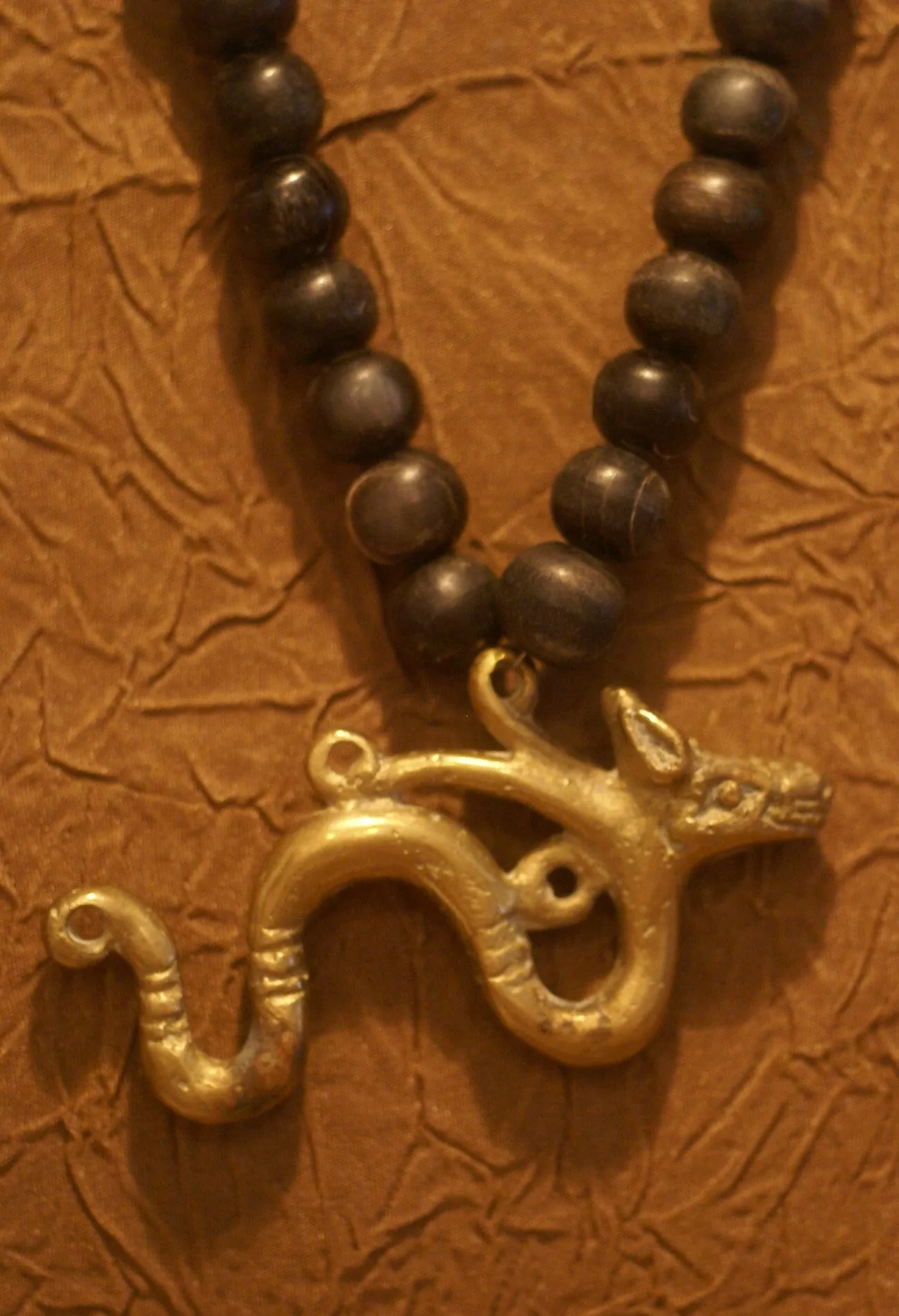 Borneo Tribal Oran Ulu, Dayak, Iban Tribe Heavy Brass Bronze Aso Dog Dragon Earring Talisman, Ear Weight Used as a Pendant for Necklace with Dark Old Glass Trade Beads NB15