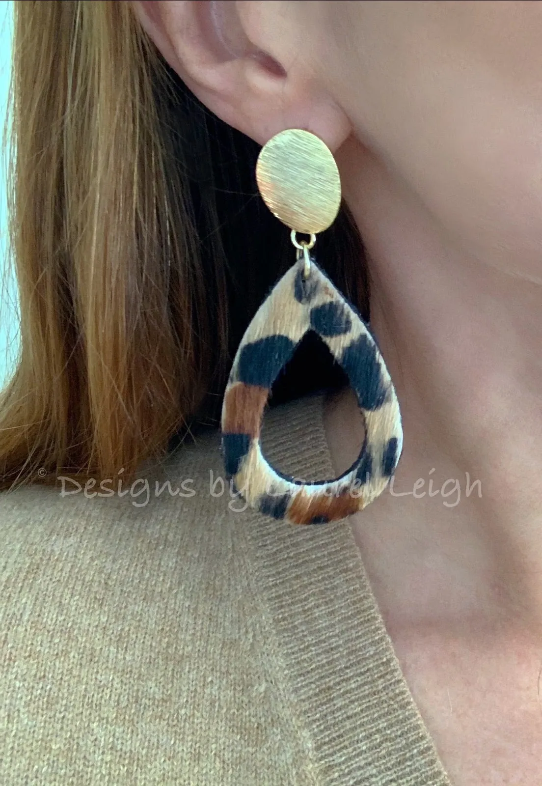 Gold and Leather Leopard Print Cutout Teardrop Earrings - Posts
