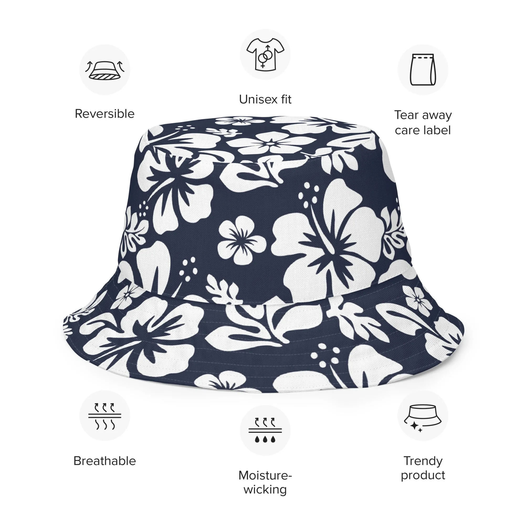 Navy Blue and White Hawaiian Flowers Reversible Bucket Hat