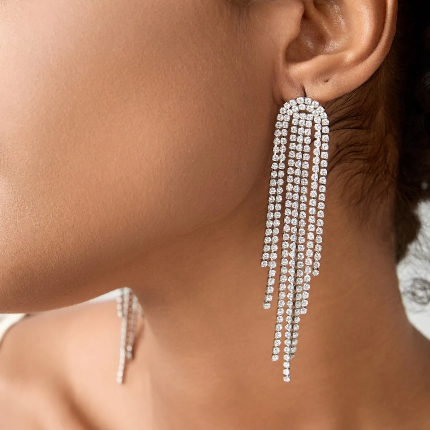 Sparkling CZ Crystal Fringe Long Tassel Earrings
